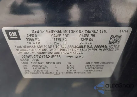 2015 Chevrolet Equinox 2Lt from USA, damaged, VIN 2GNFLGEK1F6215026